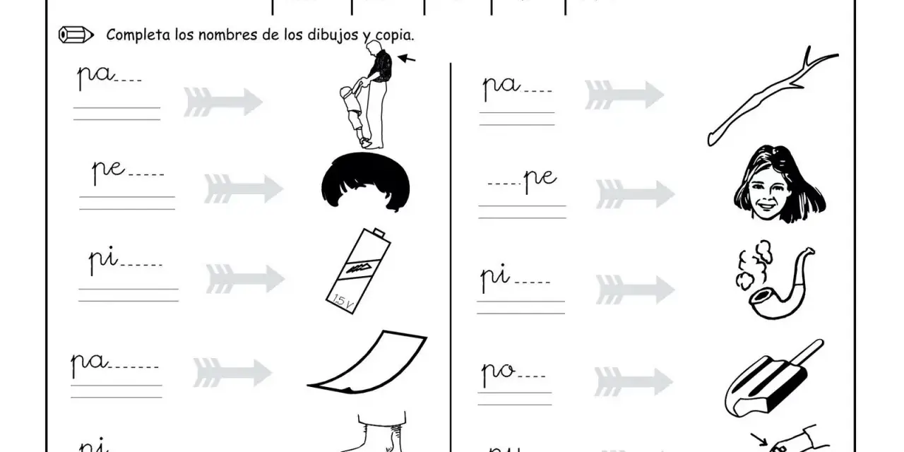 Fichas letra p: une sílabas con dibujos. Incluye "pa", "pe", "pi", "po", "pu".