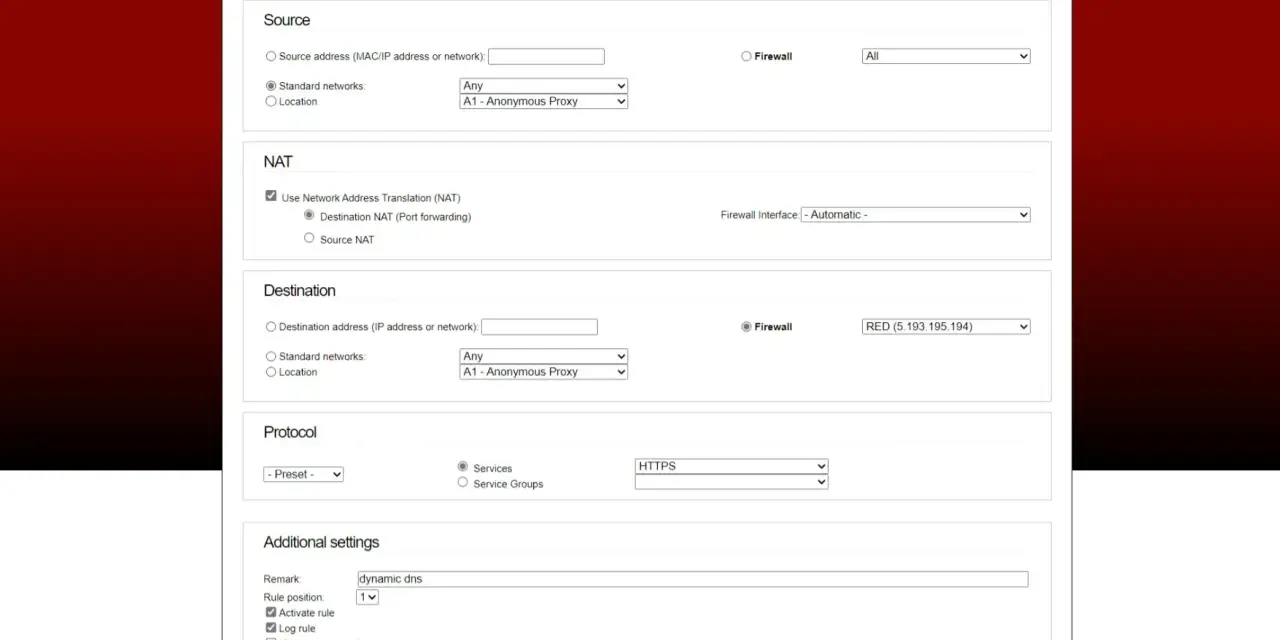Firewall rules configuration screen showing NAT settings, destination, and protocol options. This interface allows users to manage dynatrace ports and network traffic.