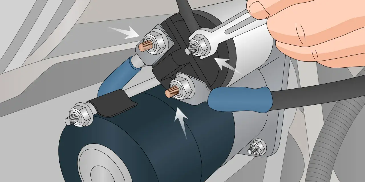A hand uses a wrench to tighten a bolt on a car's starter solenoid. This could be a fix for bad solenoid symptoms like clicking sounds or a no-start condition.