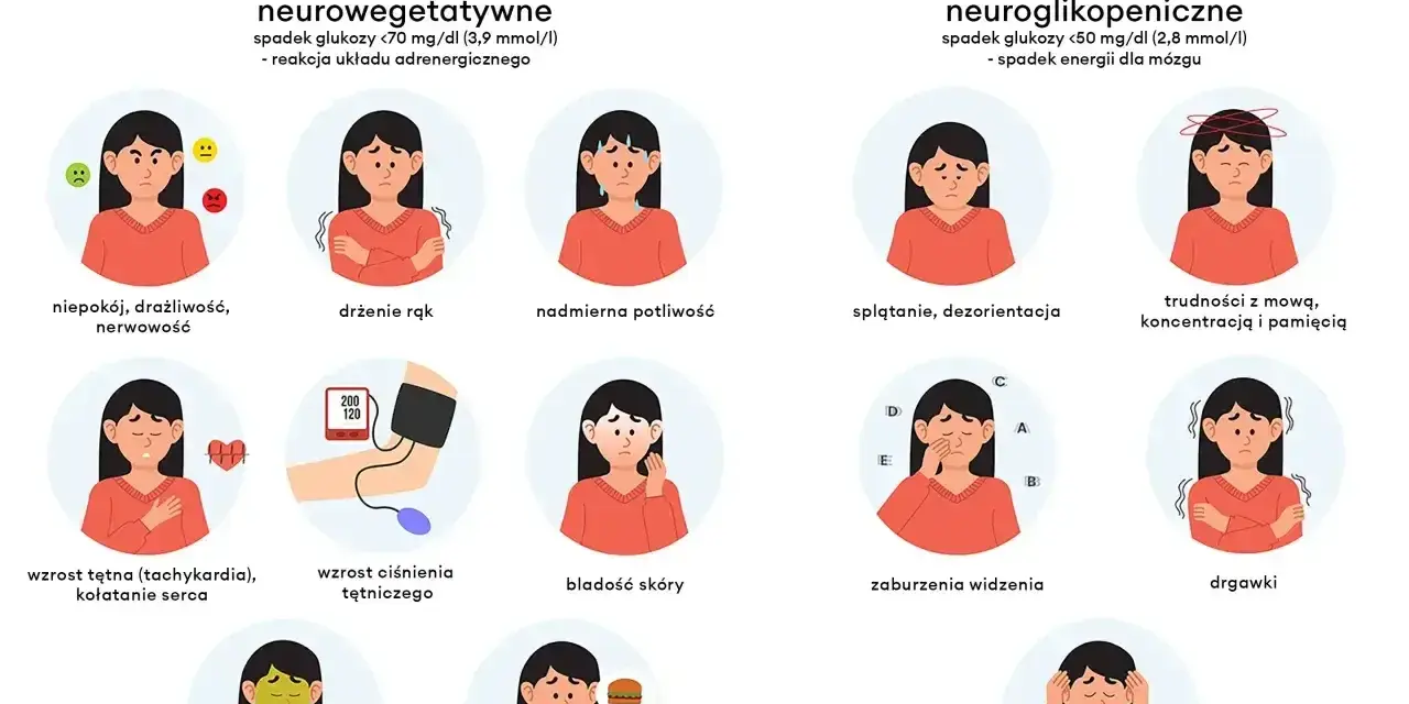 Ilustracja przedstawia objawy hipoglikemii: niepokój, drżenie rąk, poty, kołatanie serca, bladość, nudności, głód, splątanie, problemy z mową, widzeniem, drgawki, utratę przytomności.