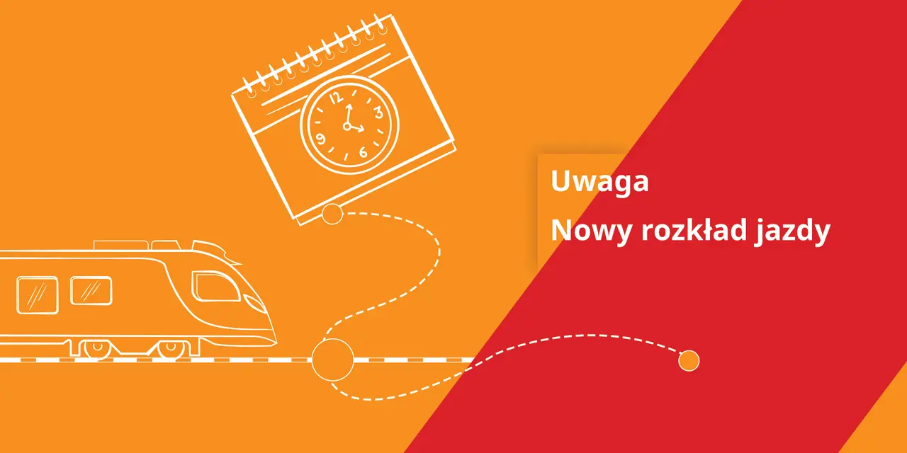 Uwaga! Nowy rozkład jazdy PKP na trasie Warszawa Olsztyn. Pociąg i kalendarz z zegarem symbolizują zmianę.