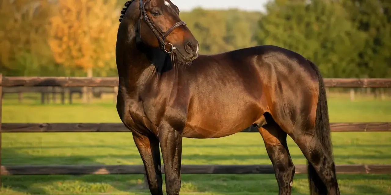 Magnifique etalon cheval bai, crinière tressée, dans un pré verdoyant, au soleil couchant.
