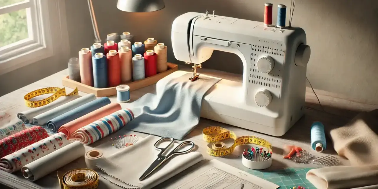 Machine à coudre, fils colorés, tissus et ciseaux prêts pour coudre ses vêtements.