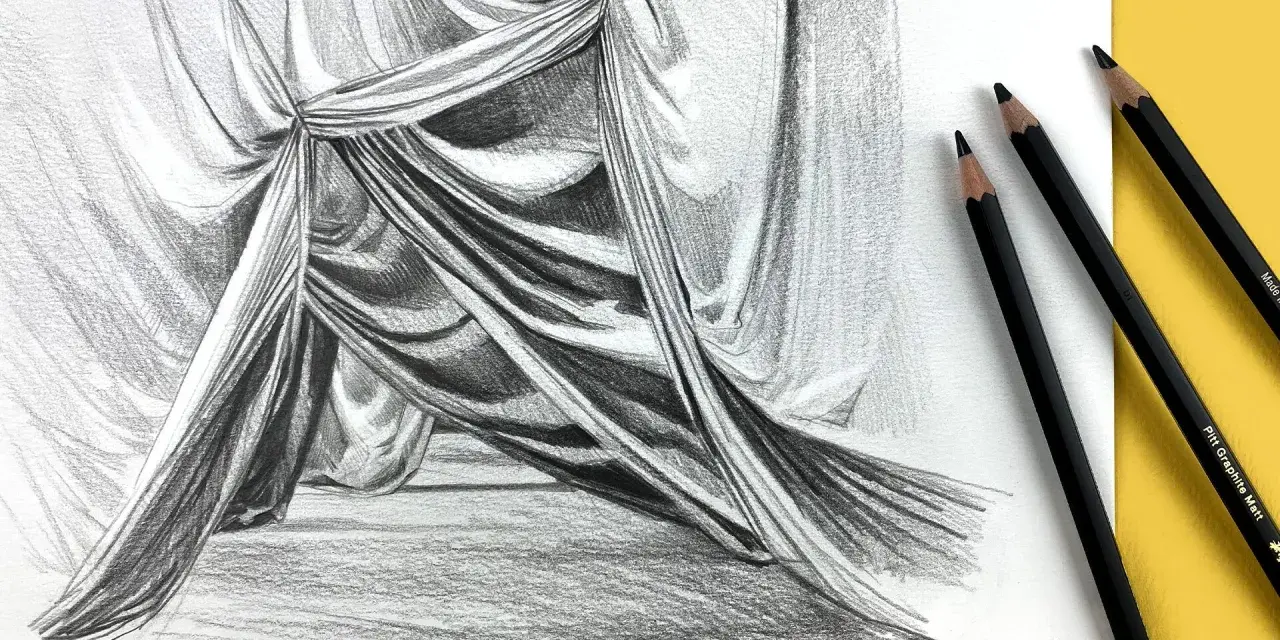 Dessin au crayon de **modèles de drapés en peinture**, montrant des plis et des ombres réalistes. Trois crayons noirs sont visibles sur la droite.