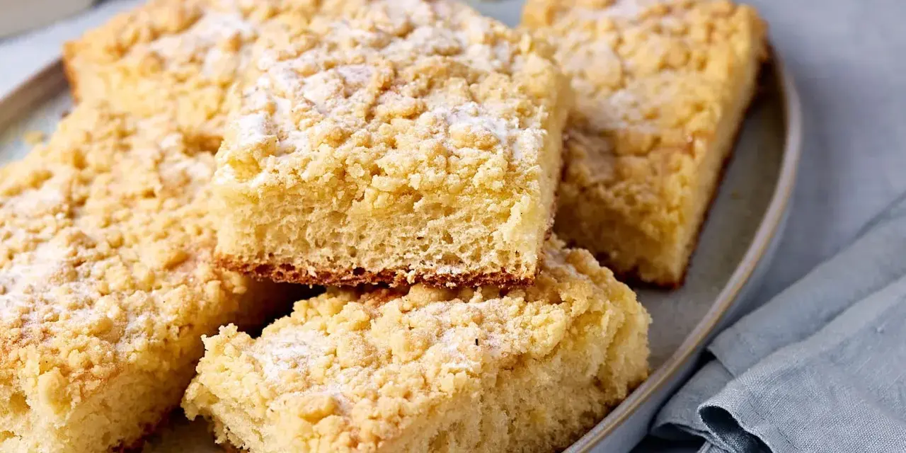 Saftiger Streuselkuchen vom Blech, mit Puderzucker bestäubt, auf einem Teller angerichtet.