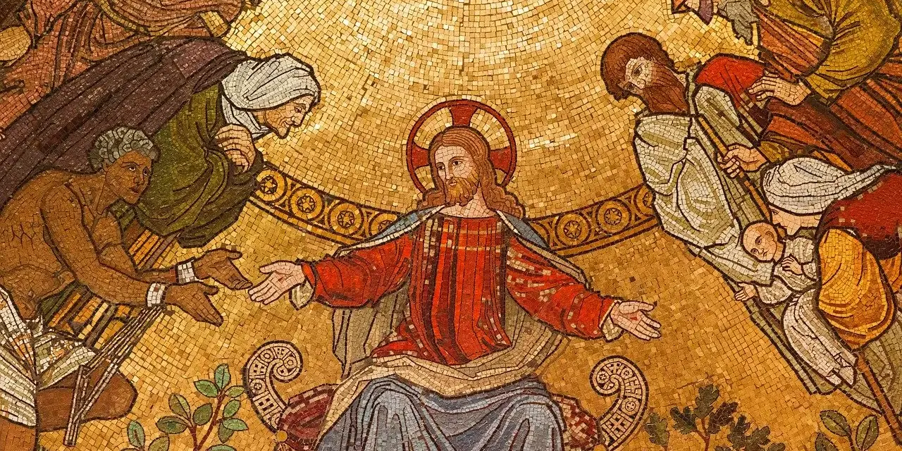 Jezus w otoczeniu ludzi, w tym niewierny Tomasz, który wyciąga rękę do jego boku.