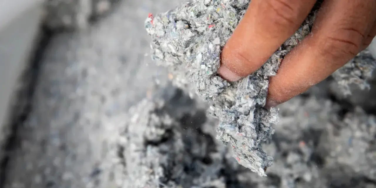 Dłoń trzyma materiał do celuloza ocieplenie. Jest to szara, włóknista masa z kolorowymi drobinkami.