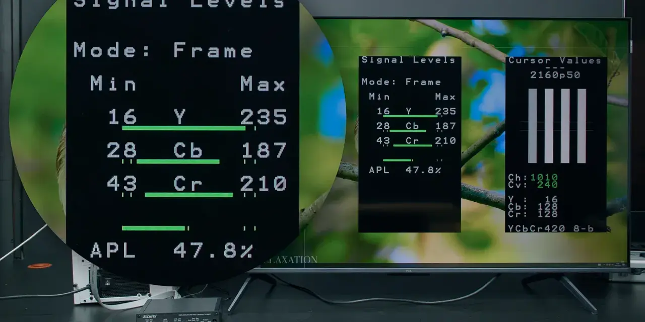 Test sygnału w rozdzielczości 2160p50. Wykresy pokazują poziomy jasności i koloru.