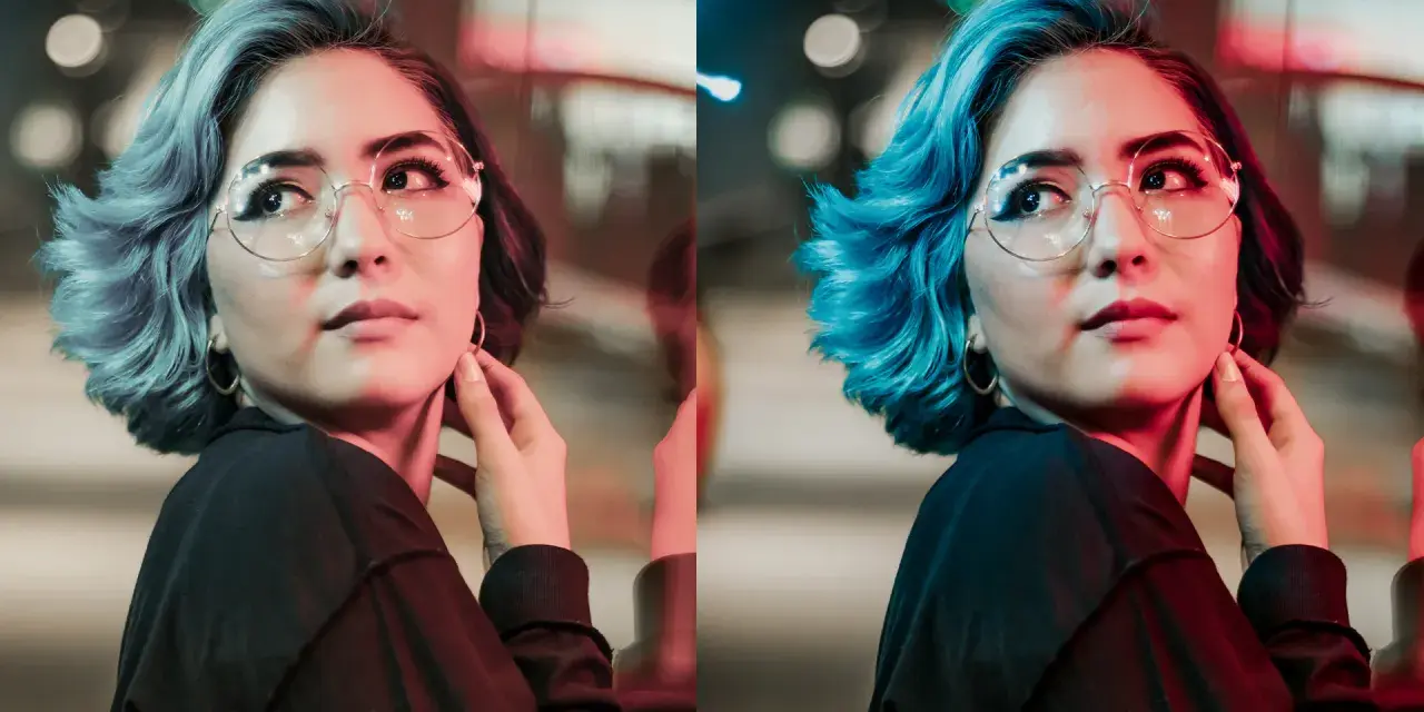 Avant/après : comment retoucher des photos pour faire ressortir le bleu électrique des cheveux d'une jeune femme aux lunettes rondes.