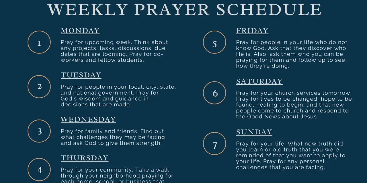 Weekly prayer schedule with daily prompts for reflection and intercession, from Monday's upcoming week to Sunday's personal life.