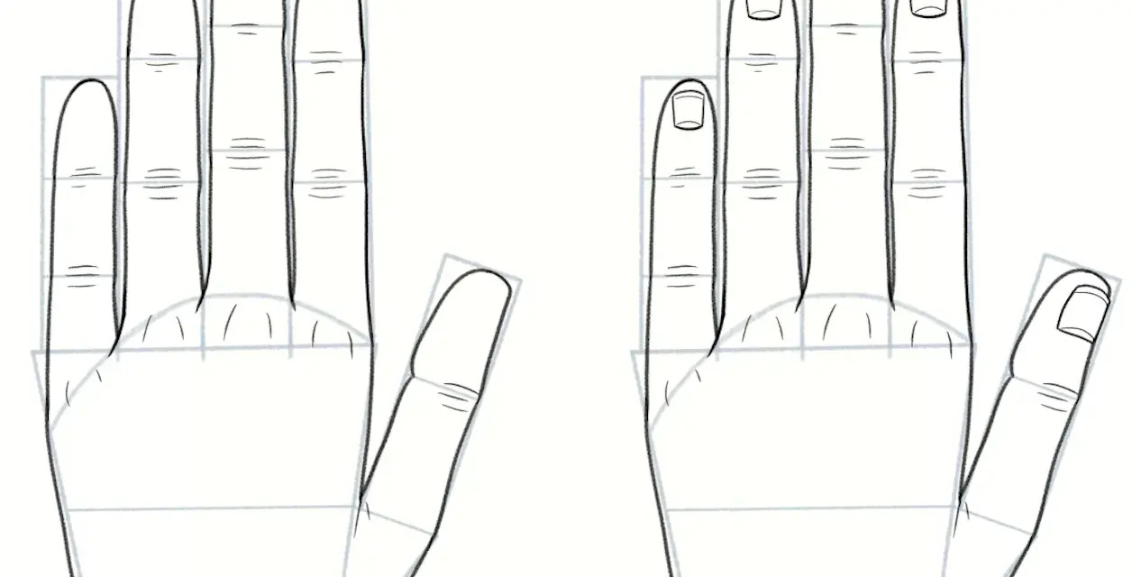 Deux schémas pour un doigt dessin facile, montrant les étapes de construction d'une main et de ses doigts.