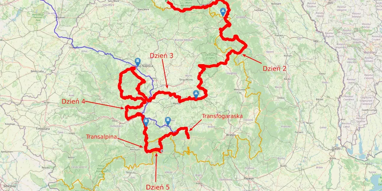 Trasa podróży po Rumunii: Dzień 1, Dzień 2, Dzień 3, Dzień 4 i Dzień 5. Widoczne drogi Transalpina i Transfogaraska.