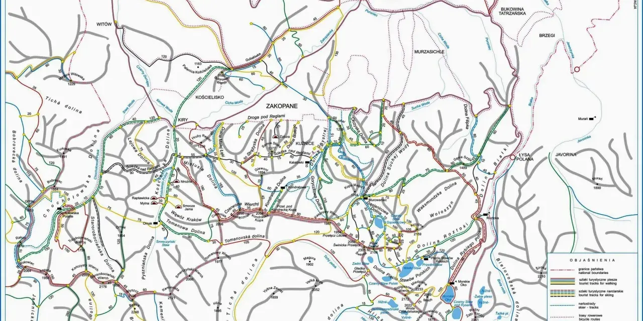Mapa szlaków turystycznych Zakopane i okolice. Obejmuje Tatry Polskie i Słowackie, z zaznaczonymi trasami pieszymi, narciarskimi i rowerowymi.