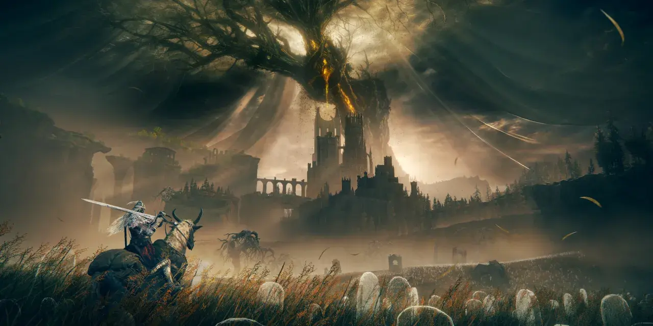 Un caballero en montura avanza por un campo de tumbas hacia un castillo sombrío bajo un árbol retorcido. El mundo de Elden Ring: Shadow of the Erdtree se revela.