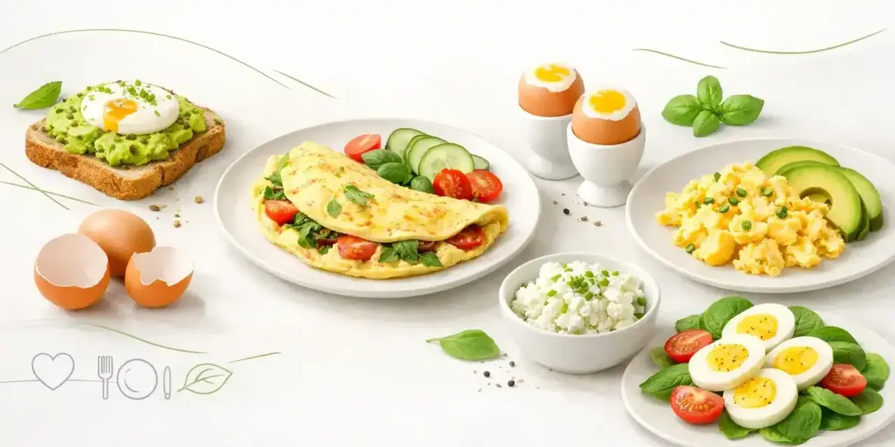 Pyszne śniadanie z jajek: jajecznica, omlet, jajka na miękko, jajko sadzone na grzance z awokado i twarożek.