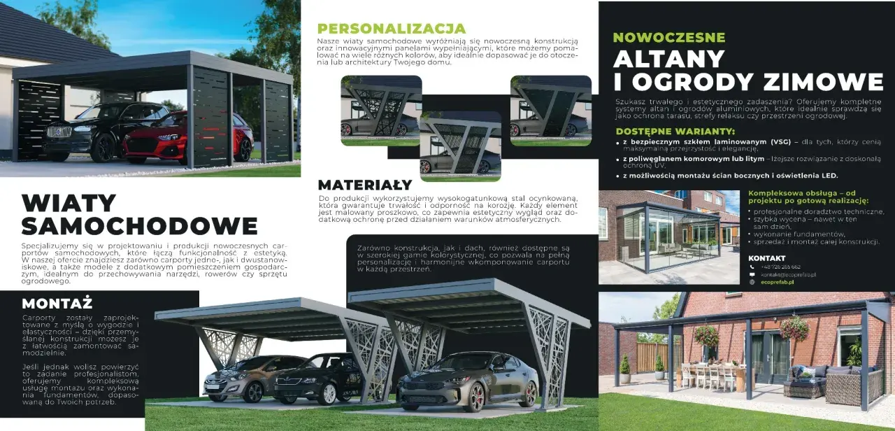 Nowoczesne wiaty samochodowe i altany ogrodowe z aluminium.