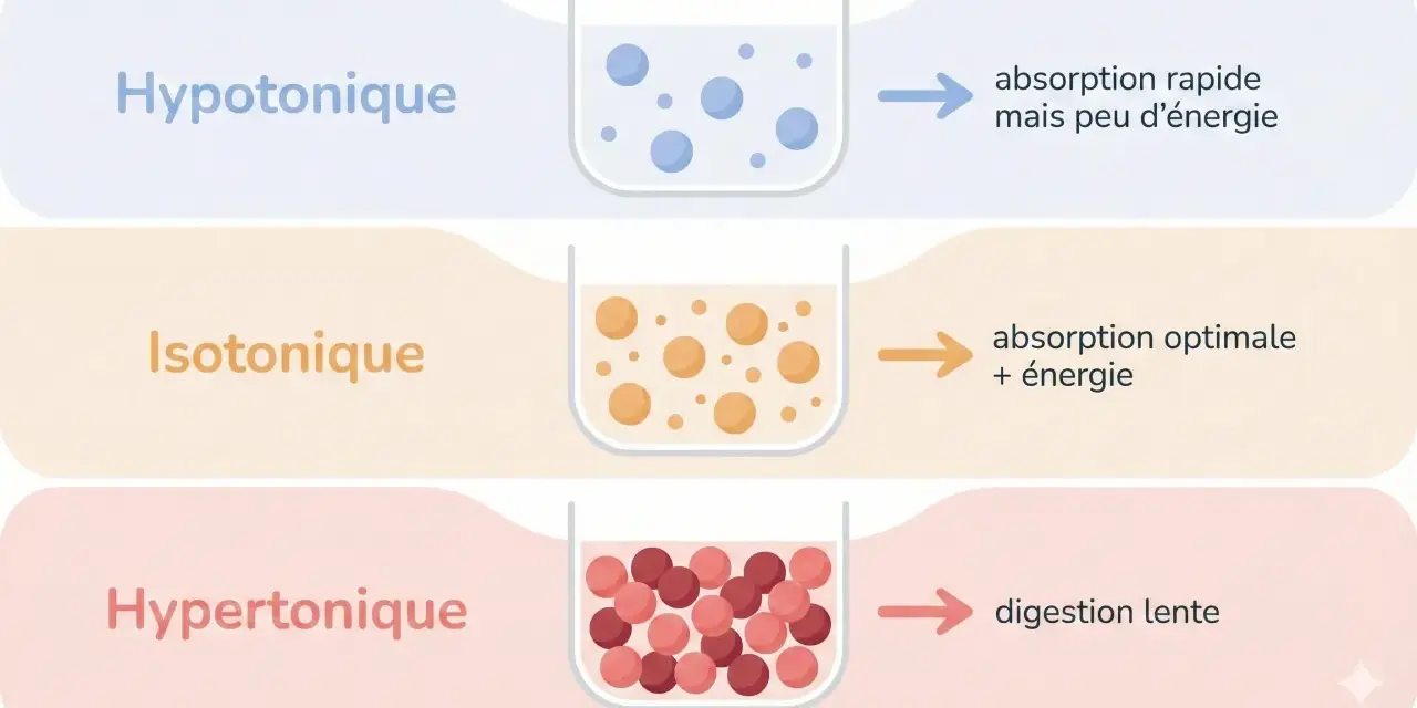 Comparaison des boissons : hypotonique (rapide, peu d'énergie), isotonique (optimale, énergie) et hypertonique (digestion lente). Attention à la boisson isotonique mal choisie.