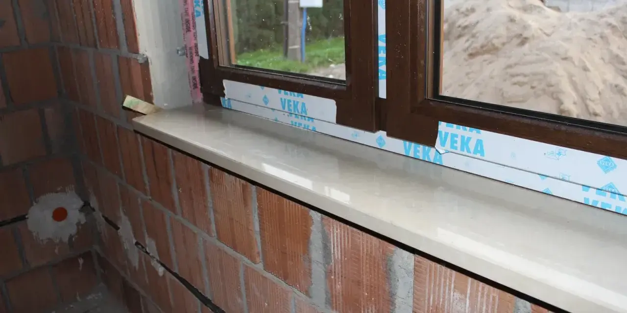 Montaż parapetów zewnętrznych po ociepleniu. Nowy, jasny parapet lśni pod brązową ramą okna, a ceglana ściana czeka na dalsze prace.