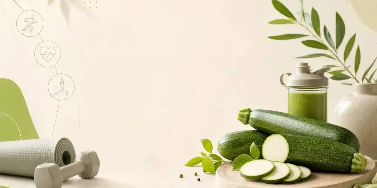 Zdrowy styl życia: świeża cukinia, smoothie i akcesoria do ćwiczeń. Cukinia właściwości odżywcze wspierają aktywność fizyczną.