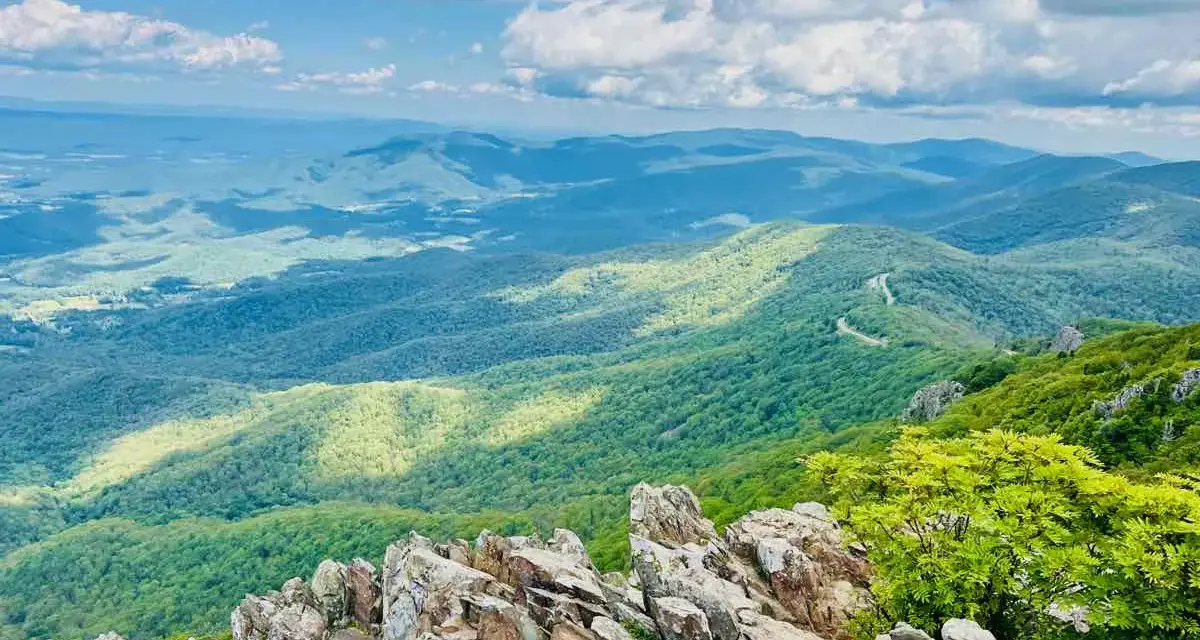 Scenic mountain vista, perfect for day trips from Richmond VA. A winding road snakes through lush green hills under a bright, cloudy sky.