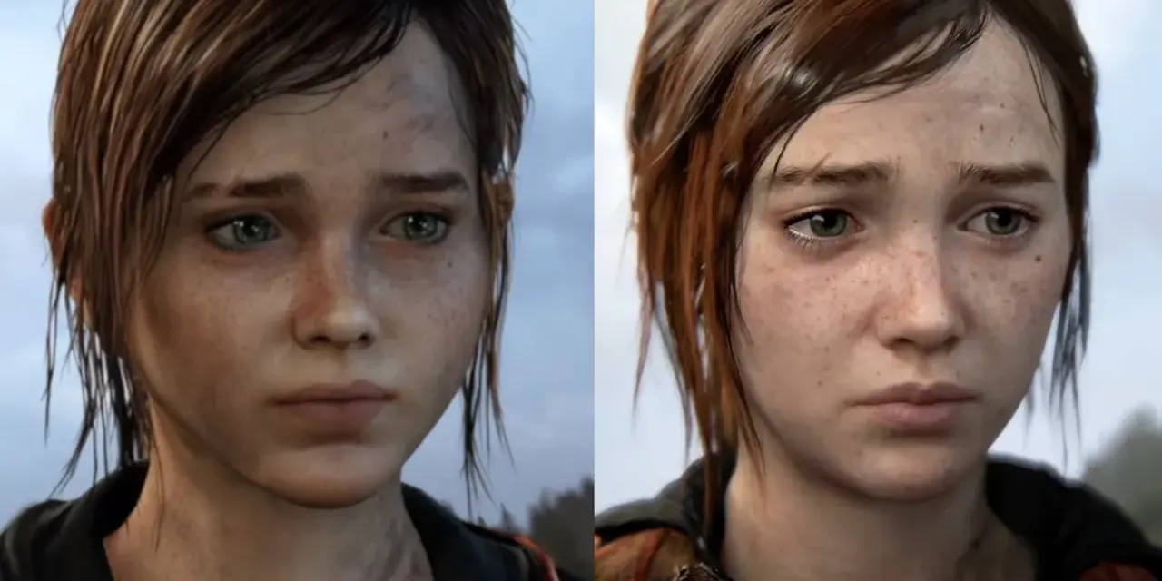 Primer plano de the last of us ellie, mostrando su rostro con pecas y ojos verdes. La imagen compara dos versiones del personaje.