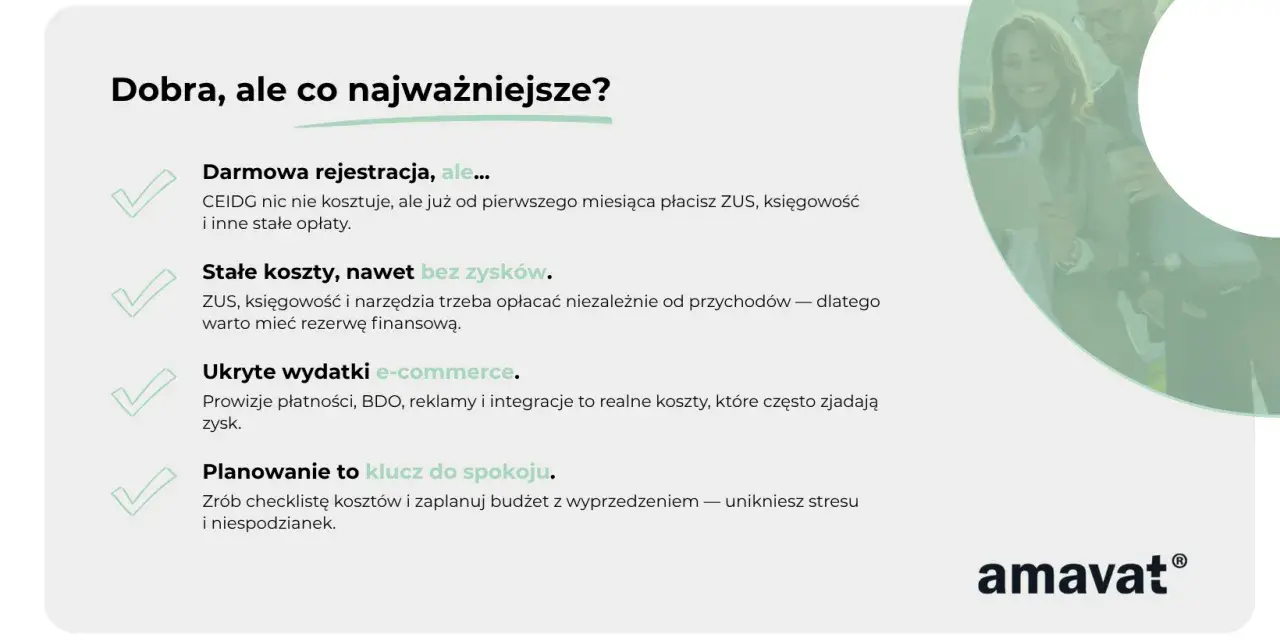 Dobra, ale co najważniejsze? ZUS, księgowość i narzędzia trzeba opłacać niezależnie od przychodów. Zaplanuj budżet, by uniknąć stresu.