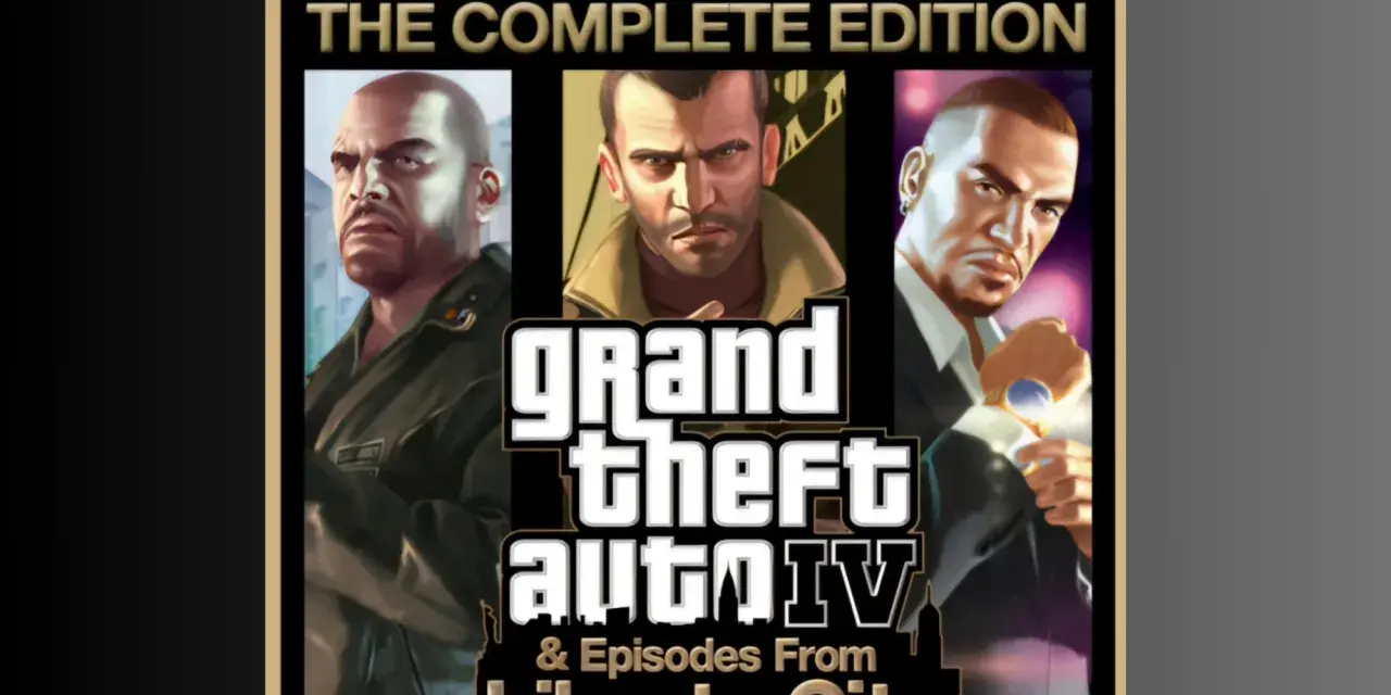 Okładka gry Grand Theft Auto IV: The Complete Edition na PS5. Trzech bohaterów, Niko, Johnny i Luis, patrzy wprost na widza.