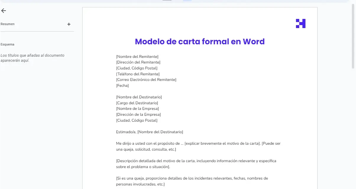 Plantilla de encabezamiento de carta formal en Word, con campos para remitente, destinatario y cuerpo del mensaje.