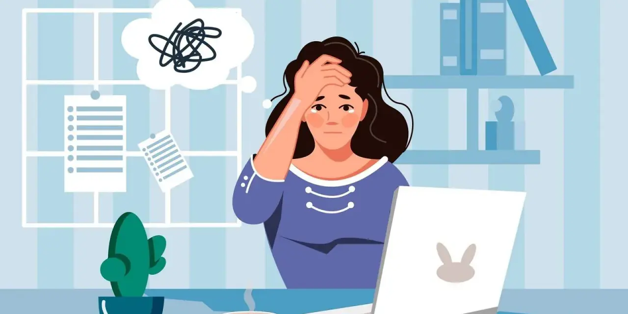 Mujer agobiada por papeleo y estrés laboral, pensando en una impugnación alta médica y reincorporación al trabajo.
