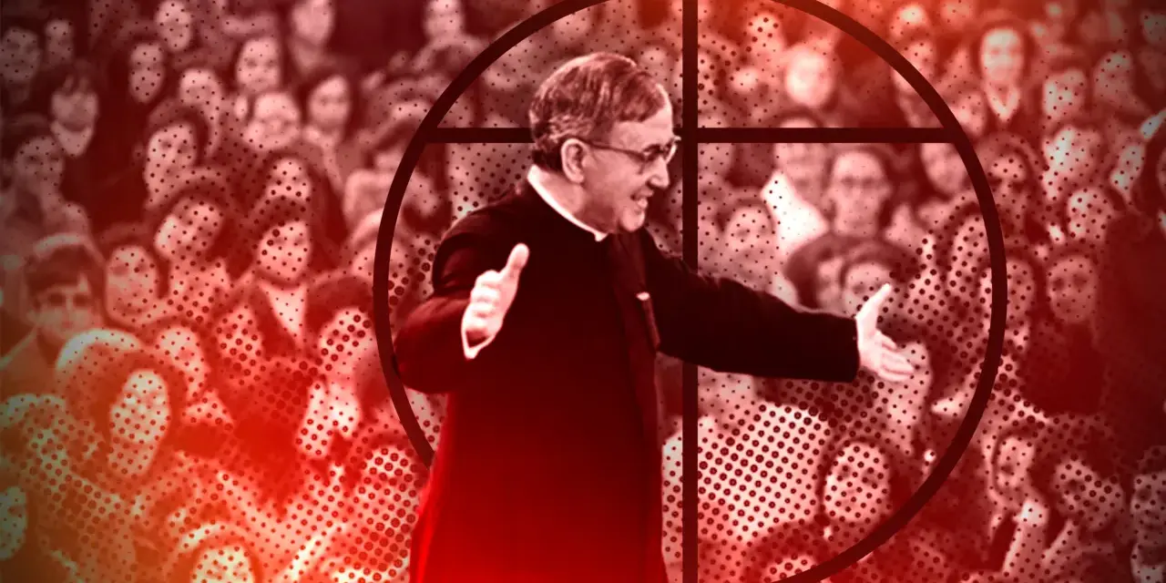 A man in clerical attire speaks to a crowd, framed by a circle and cross. This image evokes the opus dei meaning of divine work and spiritual dedication.