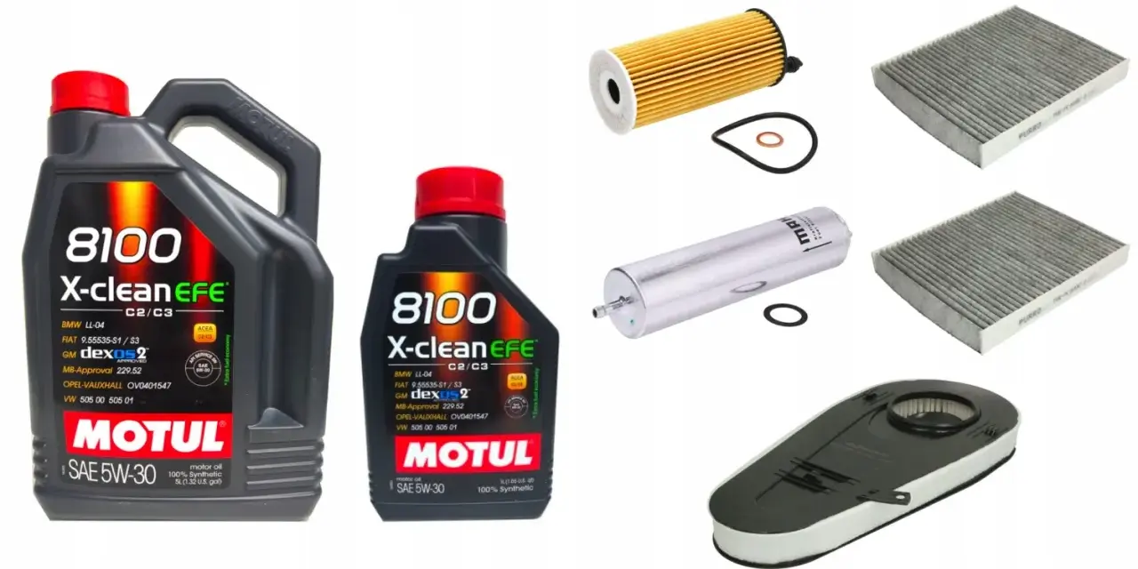 Dwa opakowania oleju Motul 8100 X-clean EFE 5W-30 oraz filtry: oleju, kabinowy i powietrza.