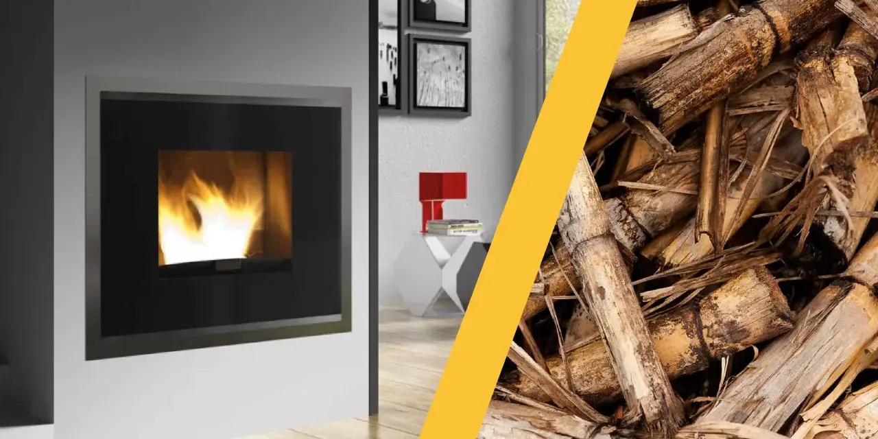 Una moderna stufa idro con fiamme vive accanto a un mucchio di biomassa legnosa, pronta per un riscaldamento ecologico.