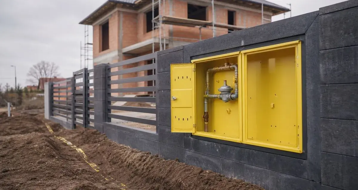 Żółta skrzynka z przyłączem gazowym na tle budowy domu. Widoczny fragment instalacji gazowej, regulator ciśnienia. Przyłącze gazowe krok po kroku.