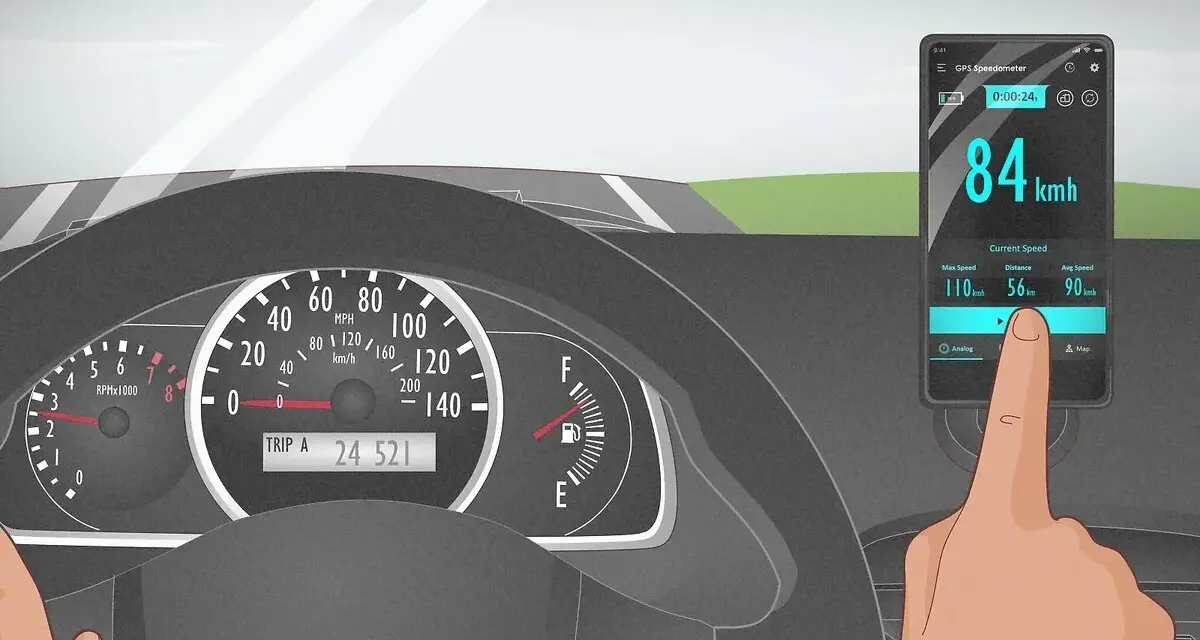A finger touches a phone displaying a GPS speedometer showing 84 km/h, as the car's own speedometer is not working.