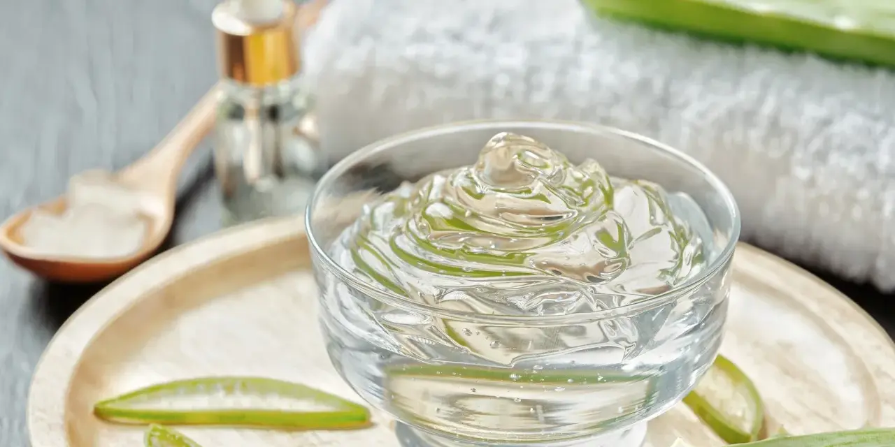 Un bol de gel aloe vera, des tranches d'aloe vera et une cuillère en bois. Découvrez les bienfaits du gel aloe vera pour votre peau.