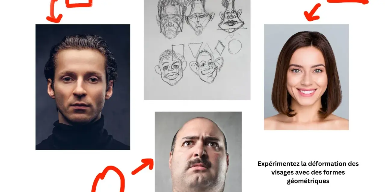 Dessin caricature facile : visages transformés par des formes géométriques. Inspiration pour des portraits amusants.