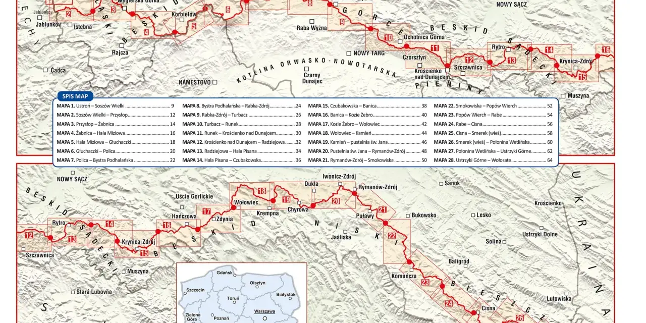Mapa GSB trasa, pokazująca przebieg Głównego Szlaku Beskidzkiego od Ustronia do Wołosatego, z zaznaczonymi numerami etapów i miejscowościami.