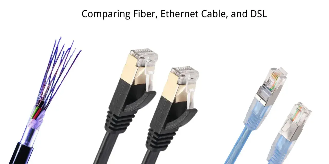 Porównanie kabli: światłowód, Ethernet i DSL. Widoczne są końcówki kabli, w tym światłowodowe i Ethernet.