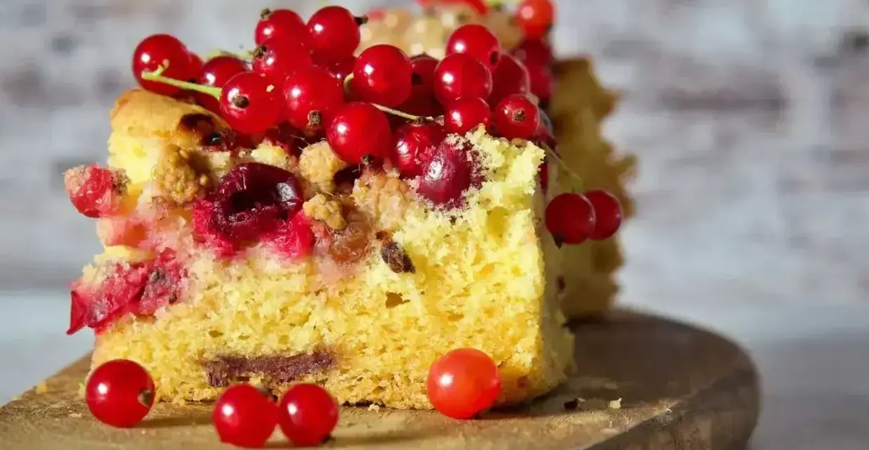 Szybkie ciasto drożdżowe bez wyrabiania z porzeczkami i kawałkami czekolady. Pyszny deser na drewnianej desce.