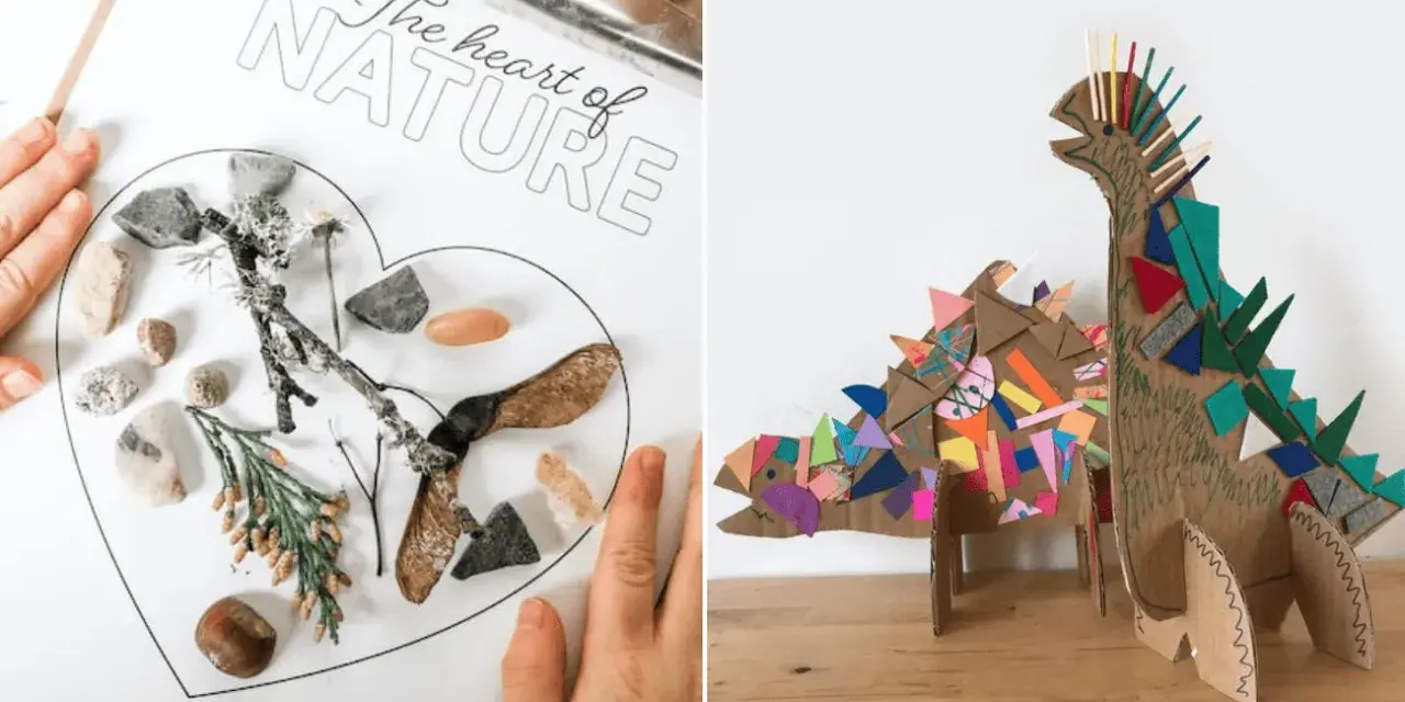 Collage infantil: un corazón con elementos de la naturaleza y un dinosaurio de cartón decorado con trozos de colores.