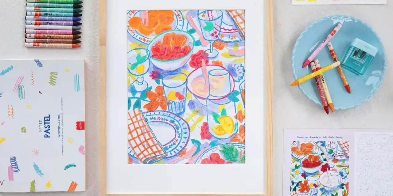 Un tableau coloré de pastels, une idée de dessin facile pour débutant. Une table garnie de fruits, de verres et de serviettes.