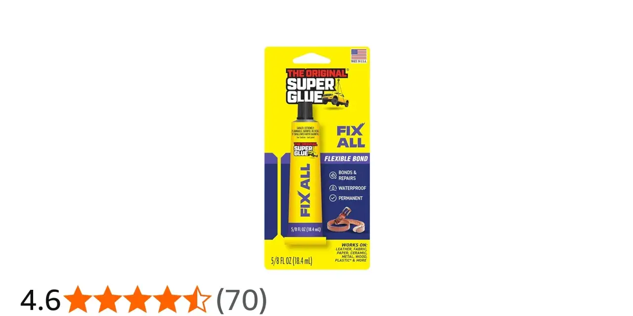 The Original Super Glue Fix All tube, promising a flexible, waterproof, and permanent bond for many materials.