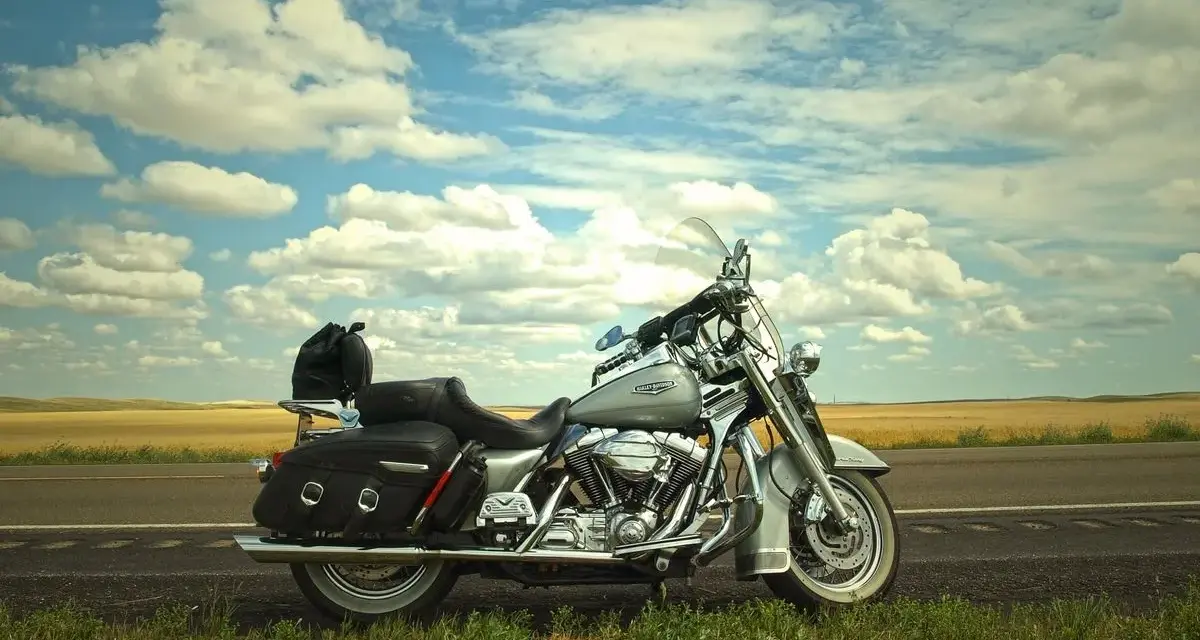 Srebrny motocykl Harley-Davidson na poboczu drogi, gotowy na odkrywanie **tras motocyklowych Czechy**.