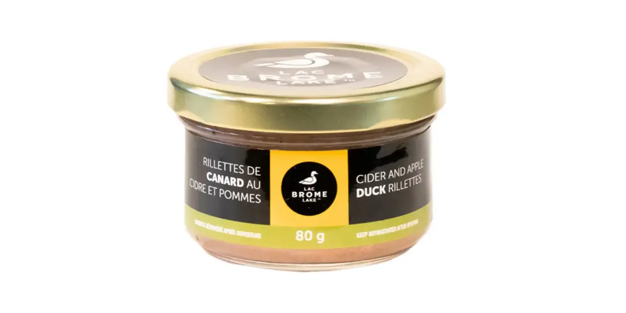 Un pot de rillettes de canard au cidre et pommes, 80g. Parfait pour un apéritif gourmand.
