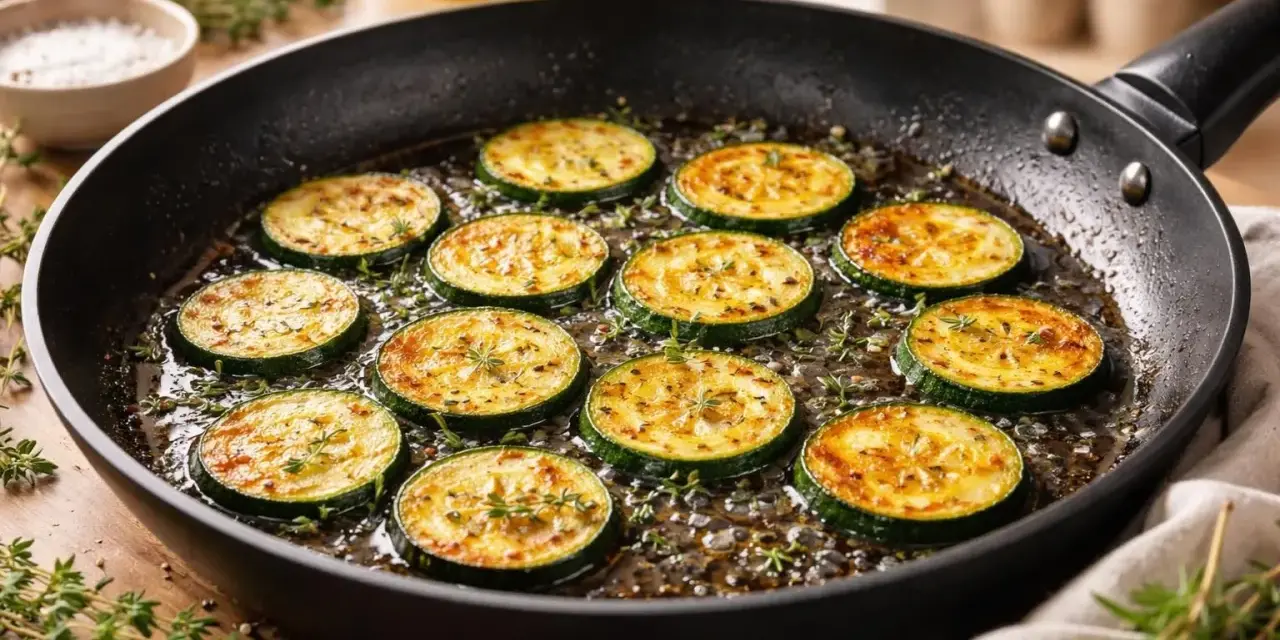 Rondes tranches de courgettes dorées à la poêle, parsemées d'herbes fraîches. Une délicieuse recette de courgette à la poêle en préparation.