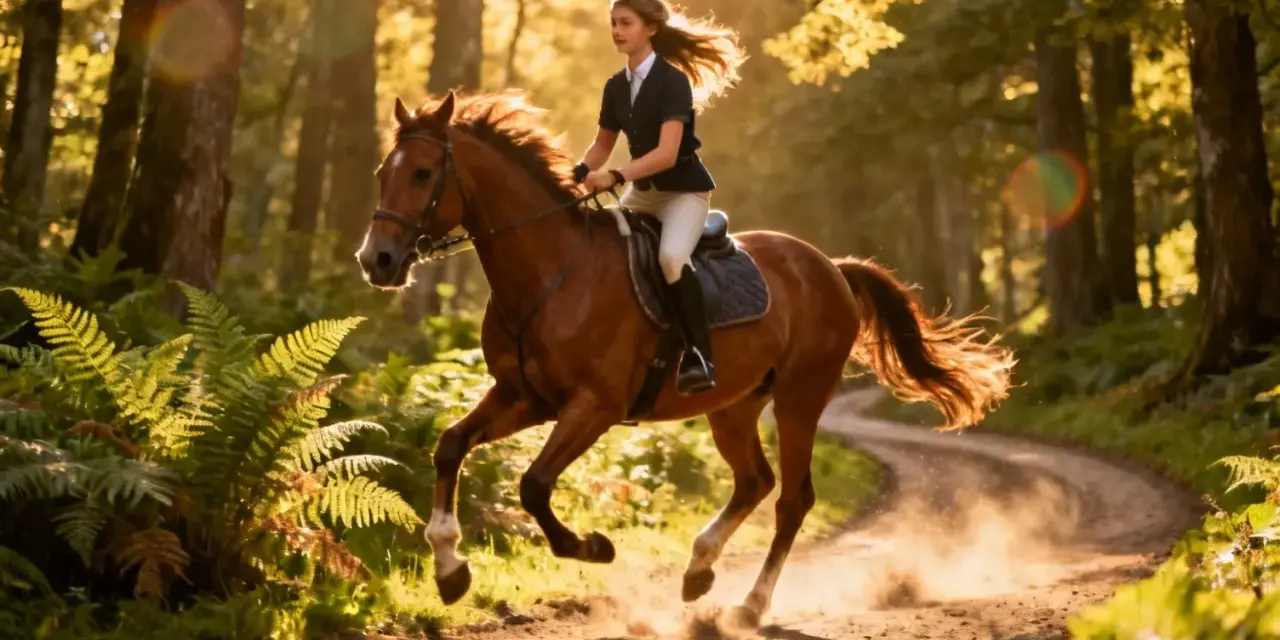 Jeune cavalière en plein galop dans une forêt baignée de soleil, un moment d'apprentissage équitation plein de grâce et de liberté.