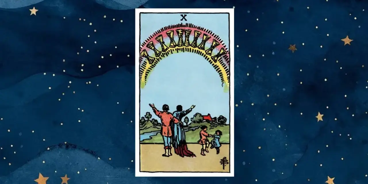 10 pucharów tarot: rodzina świętuje pod tęczowym łukiem pełnym pucharów, symbolizując spełnienie i szczęście.
