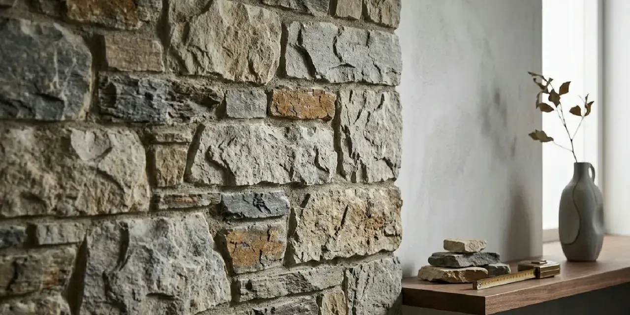 Angolo di un ambiente con un rustico muro in pietra e intonaco, decorato con un vaso e pietre su una mensola.