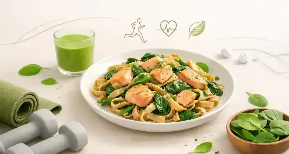 Pyszna pasta z łososia ze szpinakiem, zielony koktajl i akcesoria do ćwiczeń – idealny zestaw dla aktywnych.