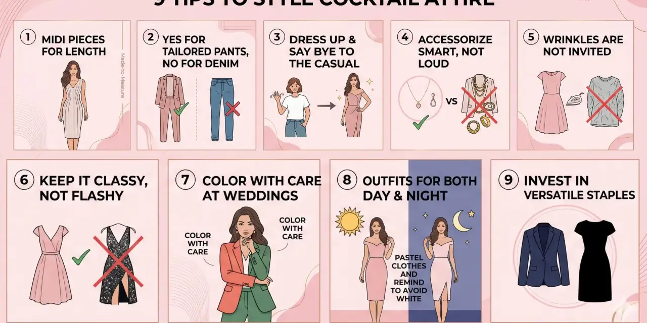 Guía de 9 consejos para el dress code cocktail: midi, pantalones sastre, accesorios sutiles, sin arrugas, clase, colores y versatilidad.